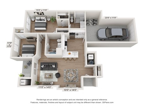 Floor plan for 2 beds, 2 baths, 1146 sqft